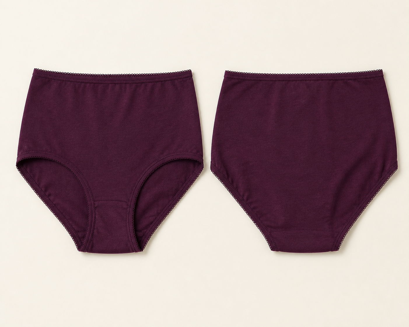Projection réaliste de la culotte Alba, vue de face et de dos, en jersey prune